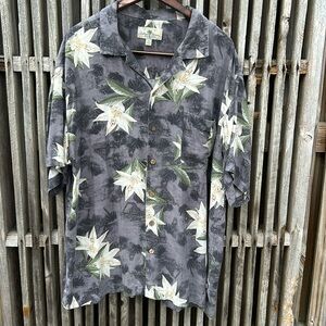 Island Shores Washable Silk Hawaiian Shirt Grey White Floral Lily XXL